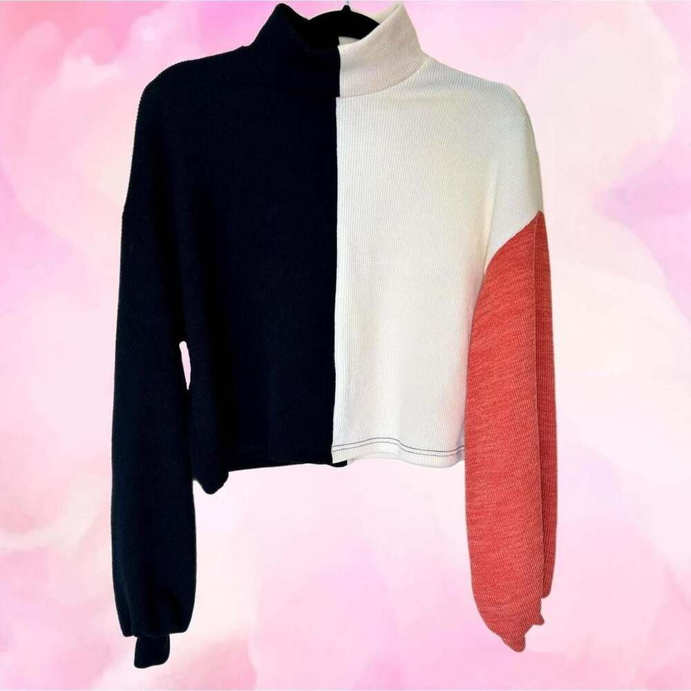 SHEIN Colorblock Mock Neck Bubble Sleeve Sweater